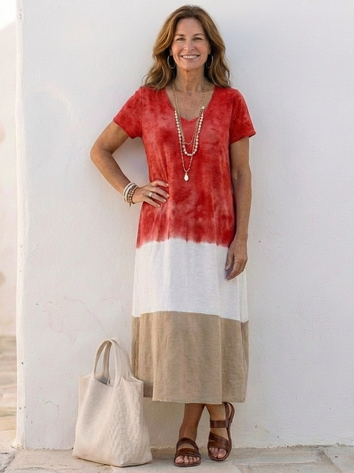 Thalia | Abito Midi a Maniche Corte con Collo a V in Color Block