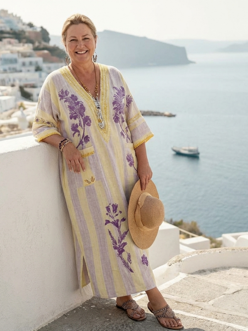 Aurelia | Vestito Maxi a Manica Mezza con Scollatura a V a Righe e Fiori