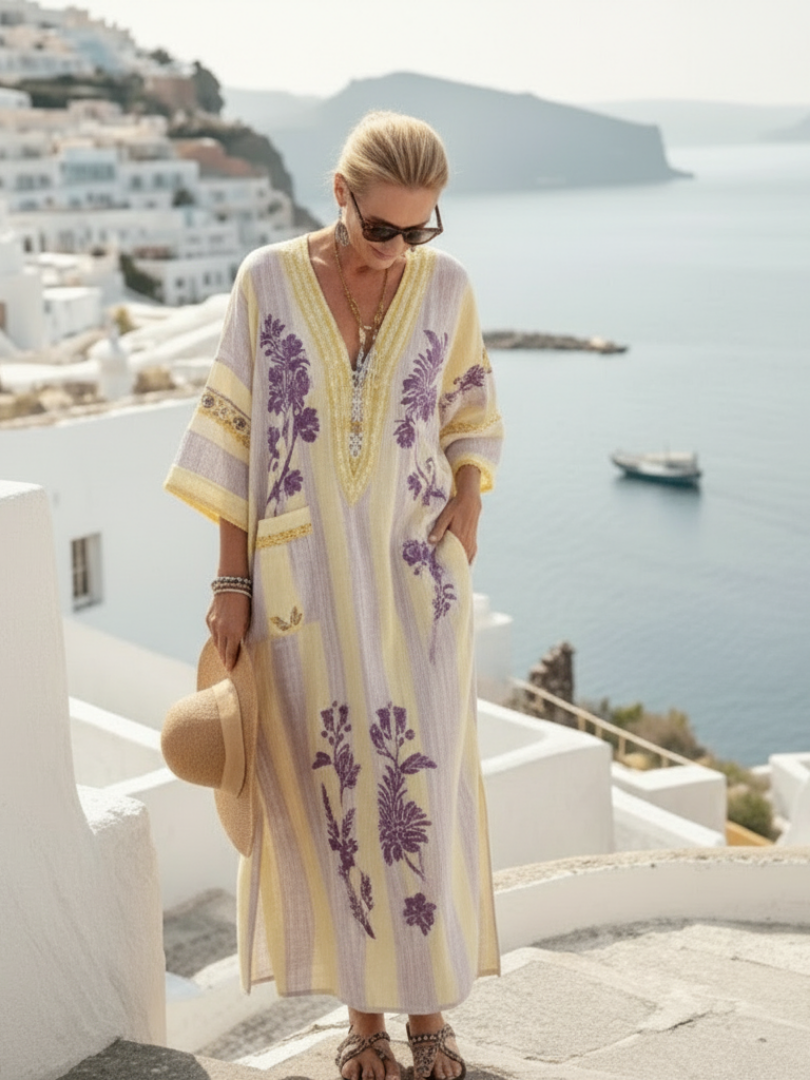 Aurelia | Vestito Maxi a Manica Mezza con Scollatura a V a Righe e Fiori