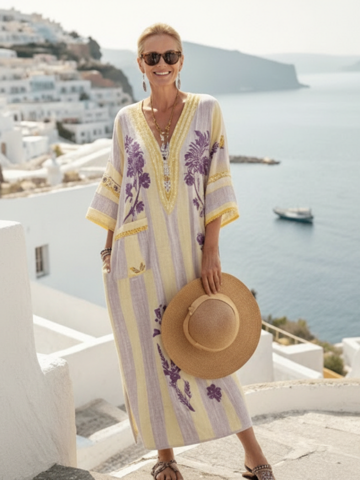 Aurelia | Vestito Maxi a Manica Mezza con Scollatura a V a Righe e Fiori