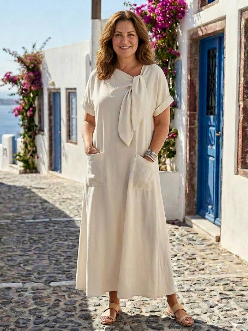 Elowyn | Abito Maxi con Collo Rotondo e Maniche Corte con Tasche