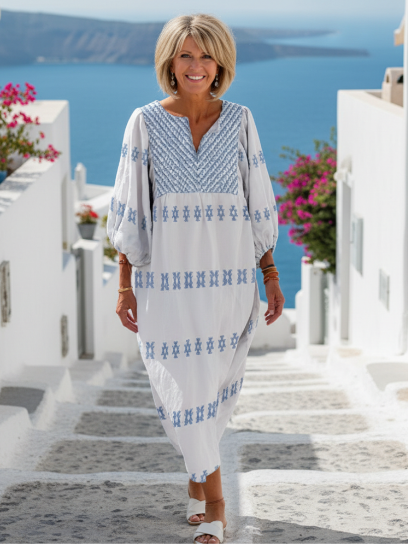 Evadne | Vestito Maxi Ricamato con Maniche Lunghe e Scollatura a V
