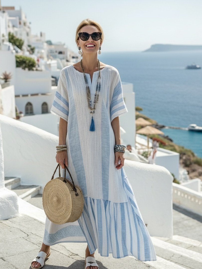 Ione | Abito Maxi Stripes con Collo Rotondo e Maniche Corte
