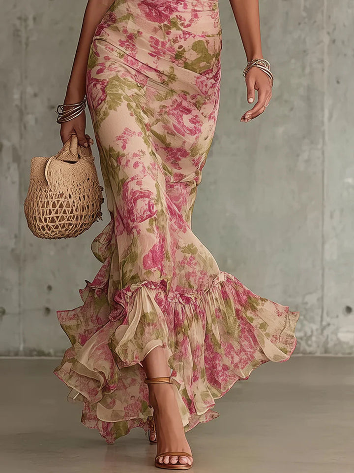 Fiora ∙ Robe longue avec imprimé vintage de roses et manches bouffantes