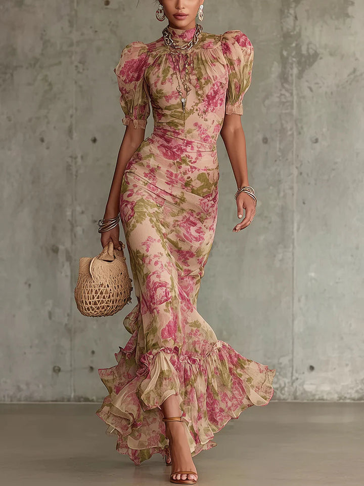 Fiora ∙ Robe longue avec imprimé vintage de roses et manches bouffantes
