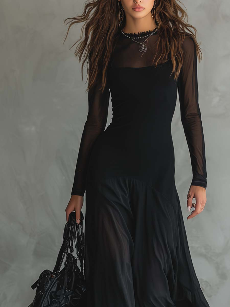 Robe Maxi en Tulle Noir à Coupe Ample