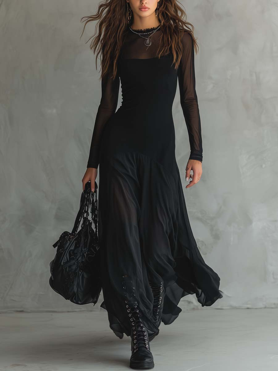 Robe Maxi en Tulle Noir à Coupe Ample