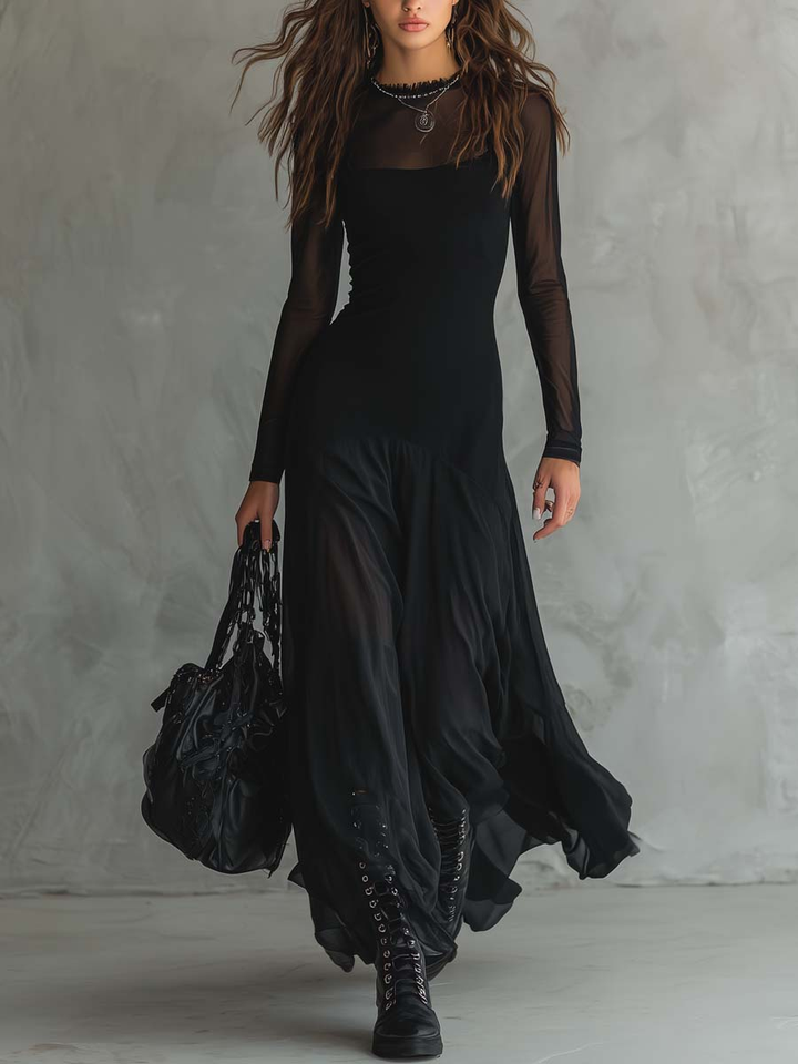 Robe Maxi en Tulle Noir à Coupe Ample