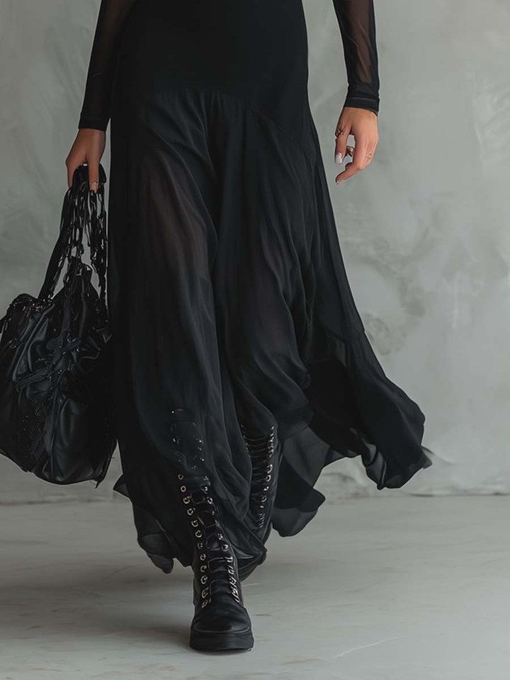 Robe Maxi en Tulle Noir à Coupe Ample