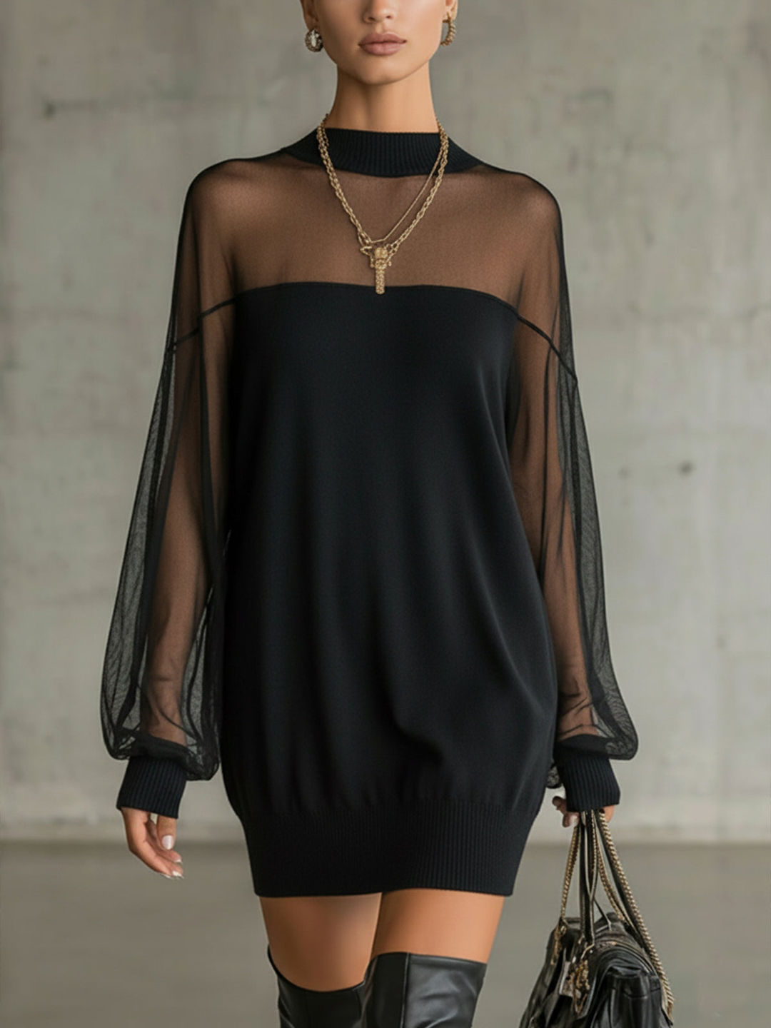 Amélie™ | Elegante Abito Mini Nero con Maniche in Rete