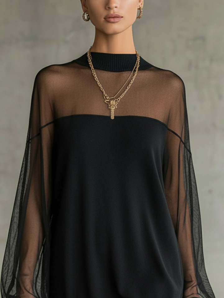 Amélie™ | Elegante Abito Mini Nero con Maniche in Rete
