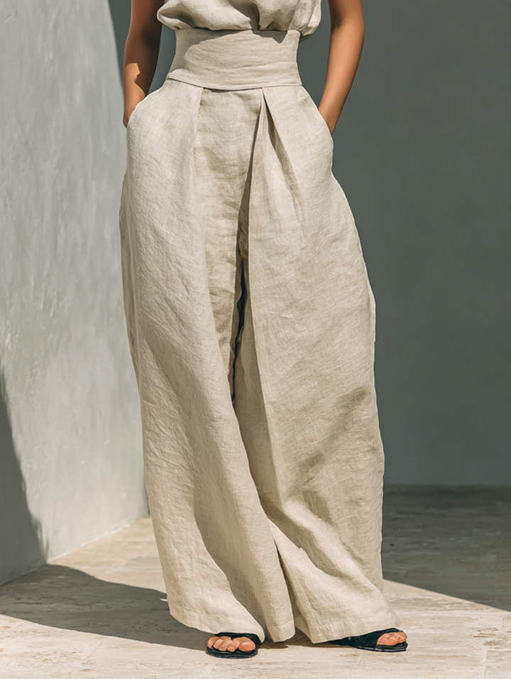Aurora • Ensemble composé d'un top sans manches beige en mélange coton-lin et d'un pantalon à jambes larges