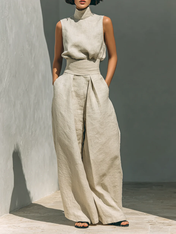 Aurora • Ensemble composé d'un top sans manches beige en mélange coton-lin et d'un pantalon à jambes larges