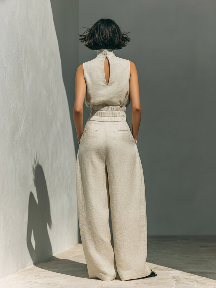 Aurora • Ensemble composé d'un top sans manches beige en mélange coton-lin et d'un pantalon à jambes larges