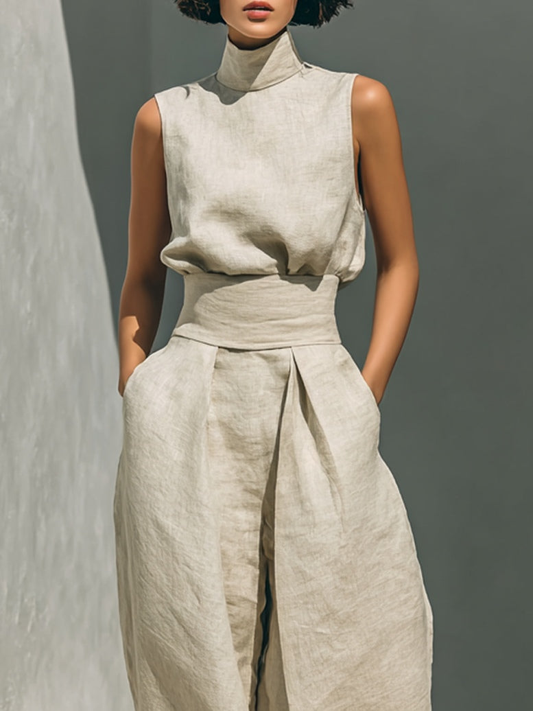 Aurora • Ensemble composé d'un top sans manches beige en mélange coton-lin et d'un pantalon à jambes larges