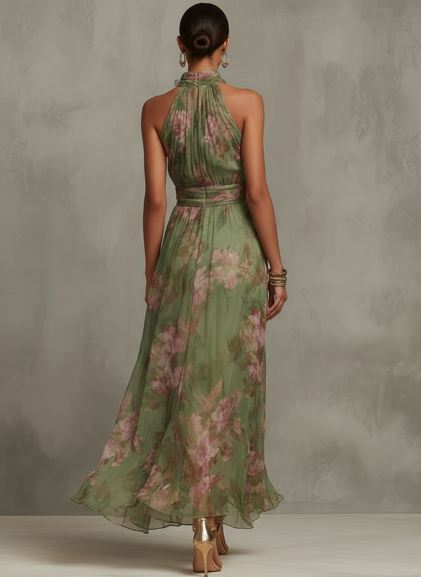 Serena ∙ Robe longue verte à fleurs en chiffon avec décolleté halter