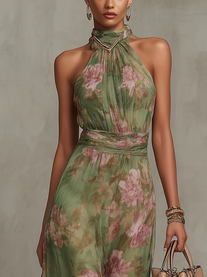ESSENTIEL - Serena ∙ Robe Maxi en Chiffon Floral Vert avec Décolleté Halter