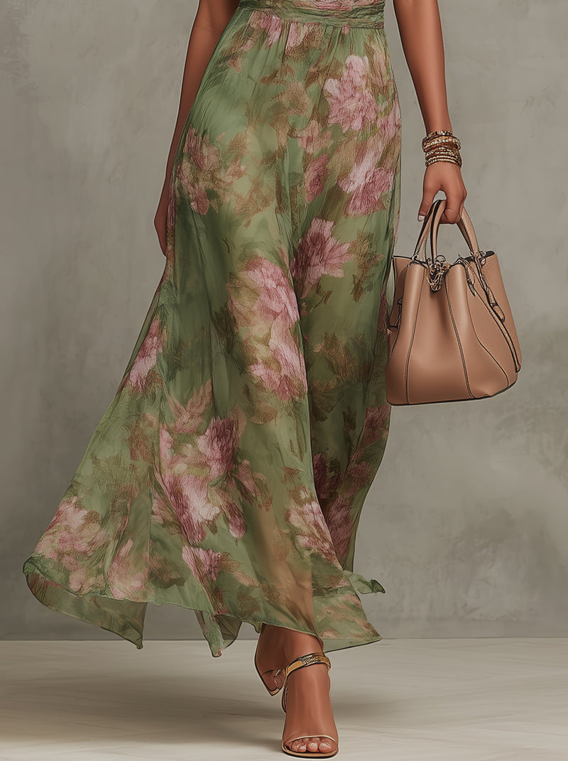 Serena ∙ Robe longue verte à fleurs en chiffon avec décolleté américain