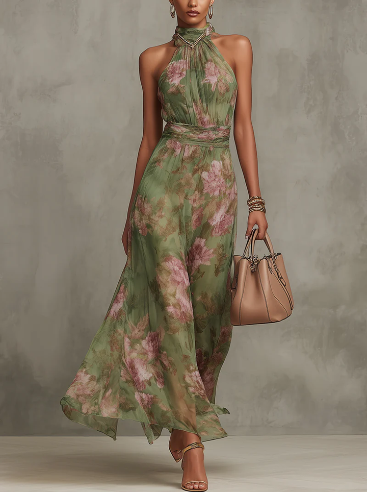 ESSENTIEL - Serena ∙ Robe Maxi en Chiffon Floral Vert avec Décolleté Halter