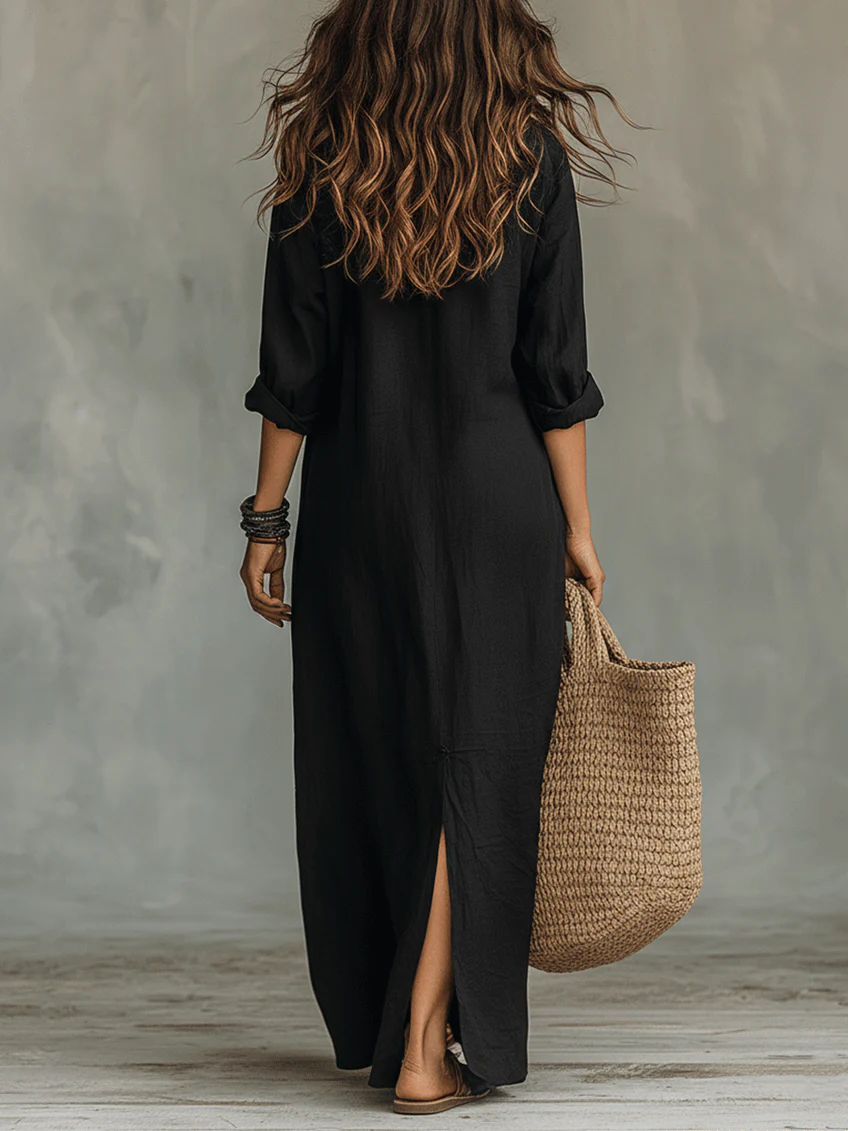 Soline™ | Robe maxi noire ample avec boutons