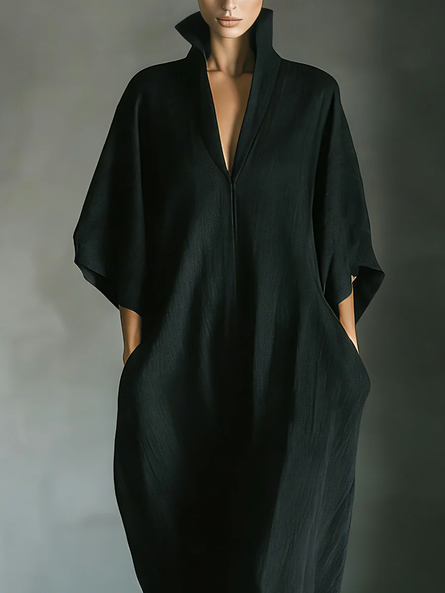 Alessandra • Abito lungo nero oversize minimalista con maniche kimono