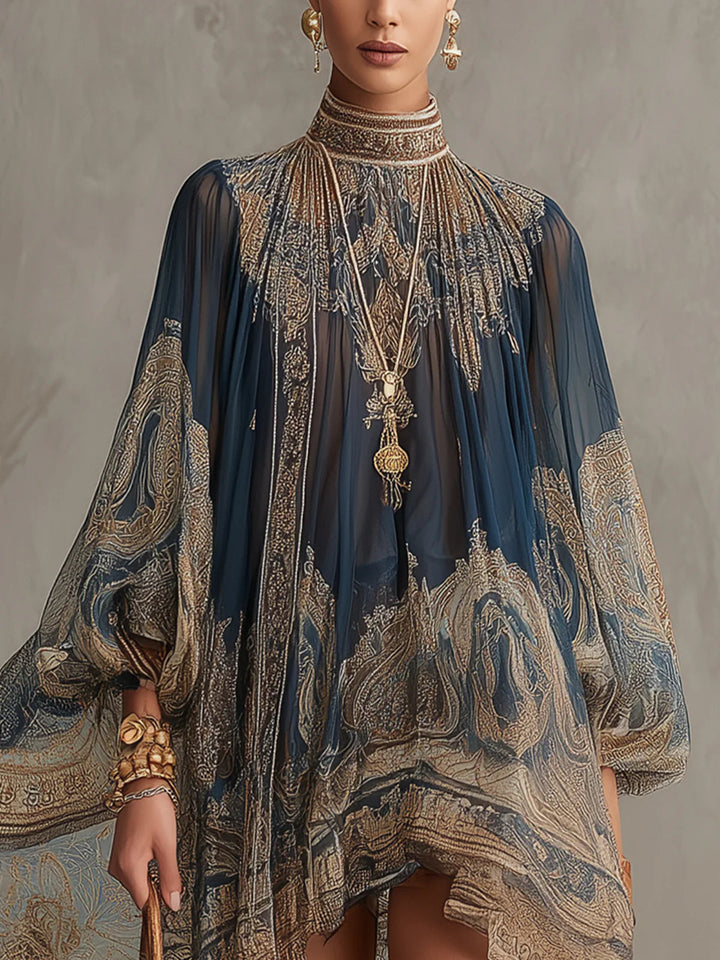 Robe mini bleu marine avec décolleté en chiffon irrégulier et imprimé baroque