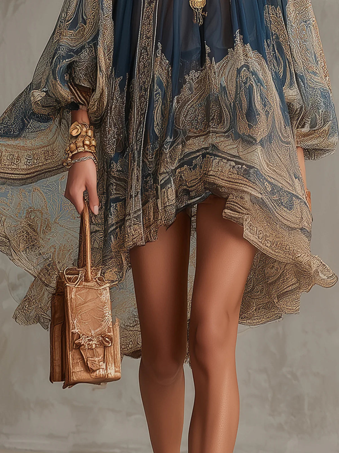 Robe mini bleu marine avec décolleté en chiffon irrégulier et imprimé baroque
