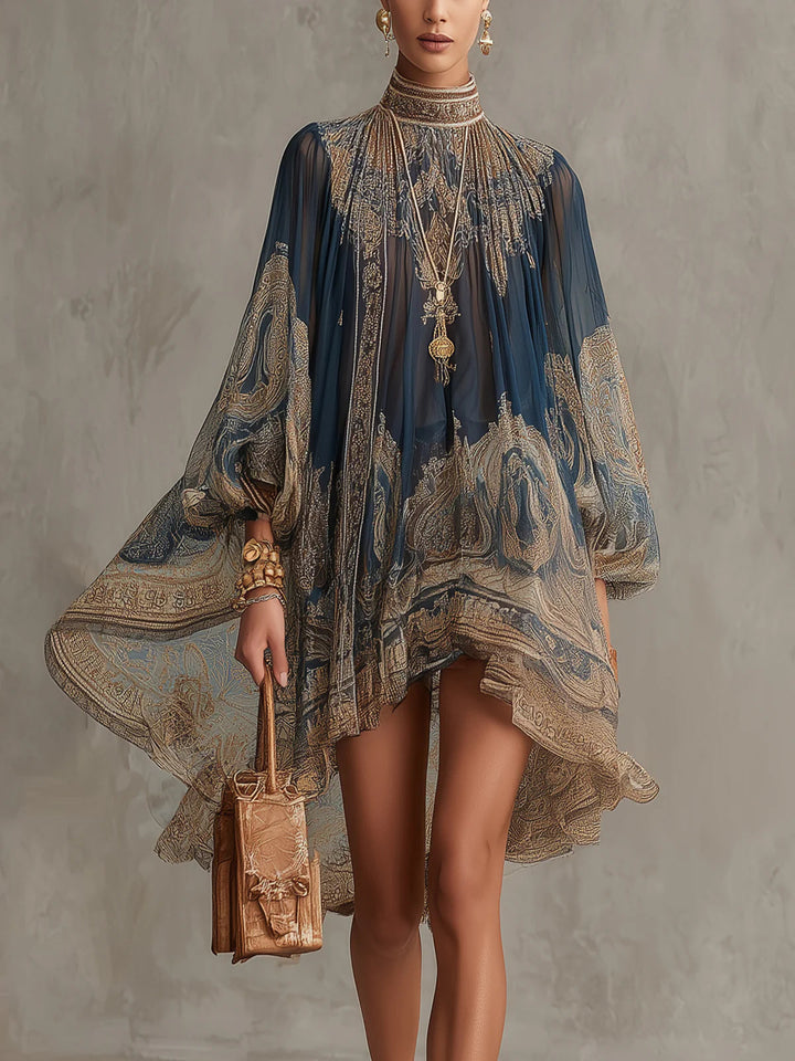 Robe mini bleu marine avec décolleté en chiffon irrégulier et imprimé baroque