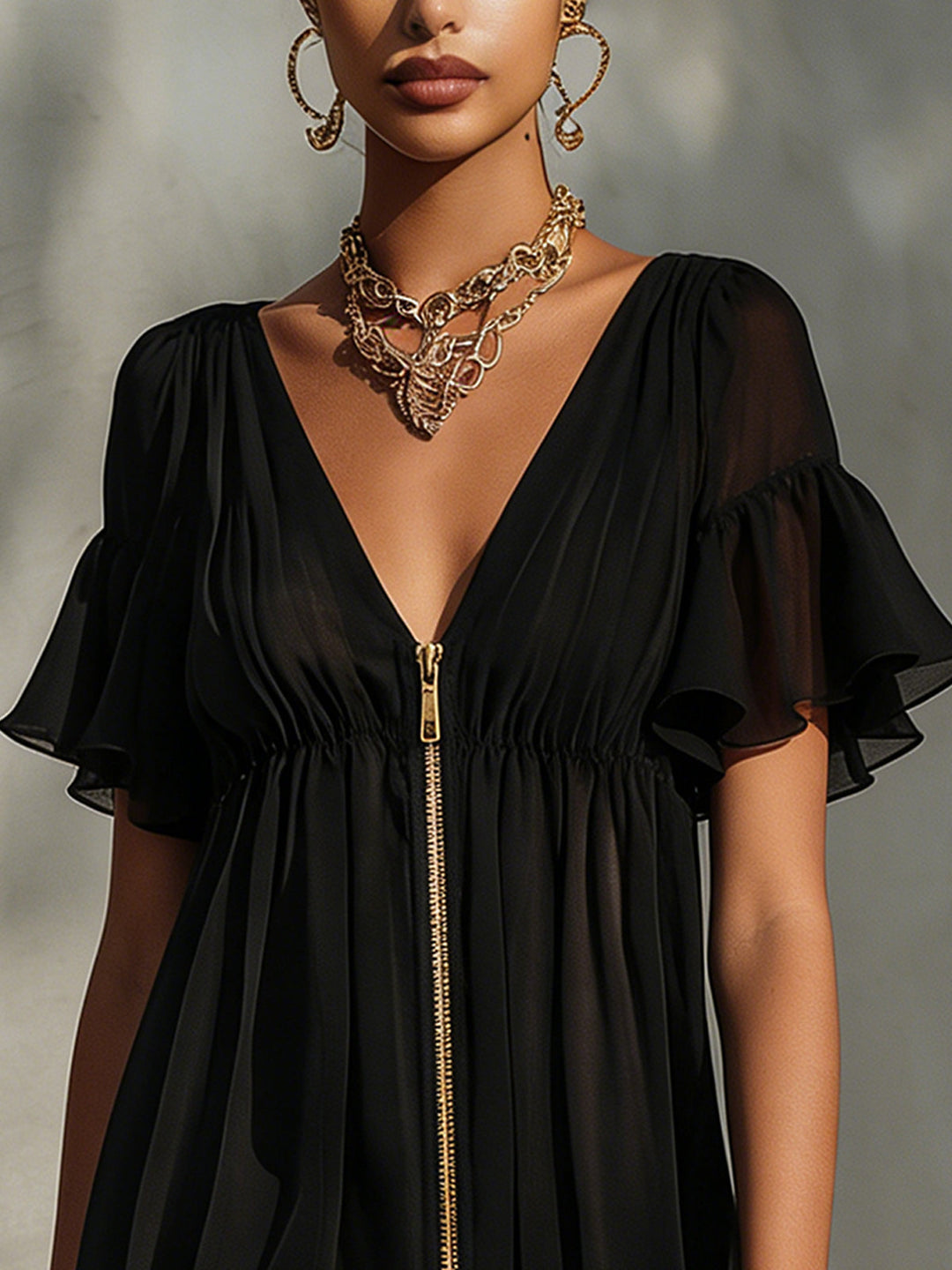 Robe mini noire avec finitions en dentelle, fermée par une fermeture éclair, décolleté en V