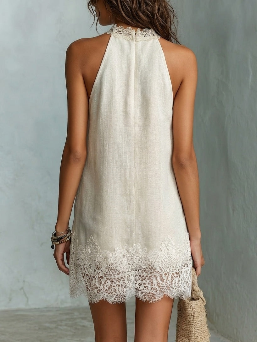 Robe mini élégante avec décolleté en V en dentelle de couleur blanc cassé