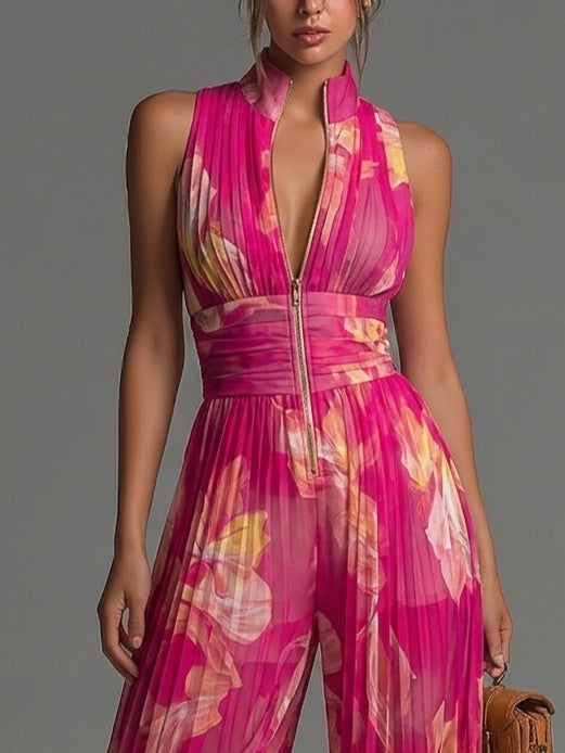 ESSENTIEL - Combinaison en Chiffon Plissé Fuchsia à Fleurs
