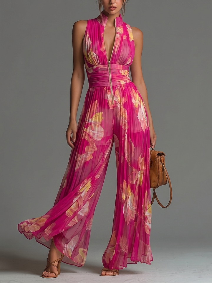 ESSENTIEL - Combinaison en Chiffon Plissé Fuchsia à Fleurs