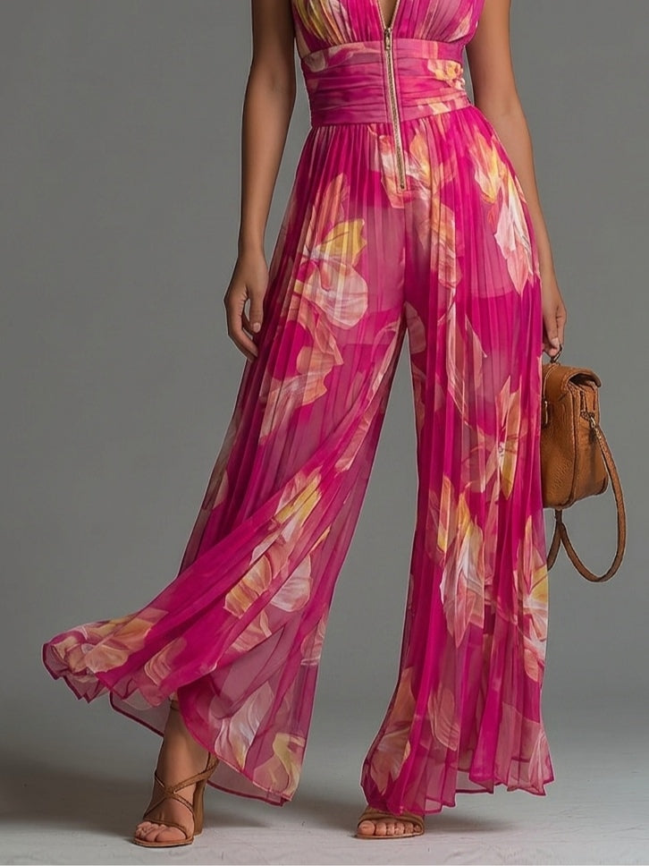 ESSENTIEL - Combinaison en Chiffon Plissé Fuchsia à Fleurs