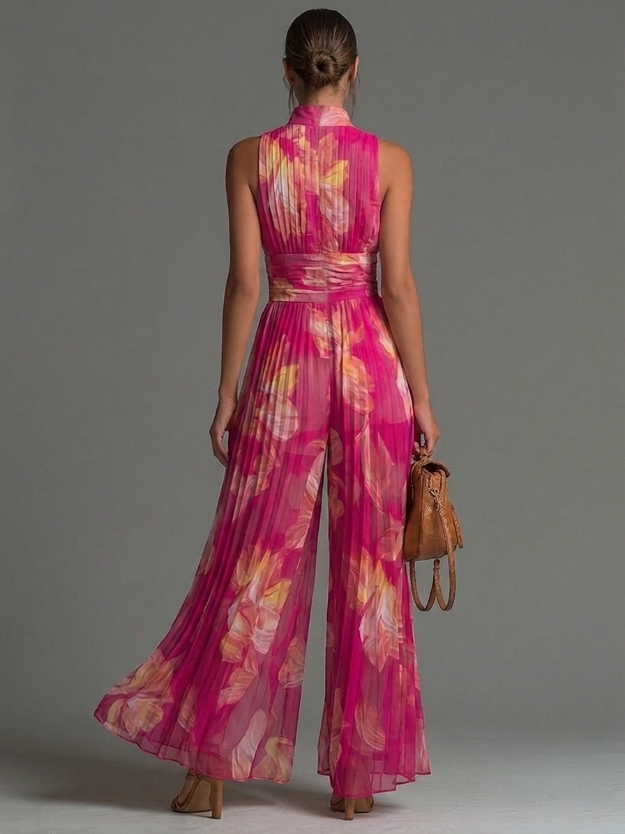 ESSENTIEL - Combinaison en Chiffon Plissé Fuchsia à Fleurs