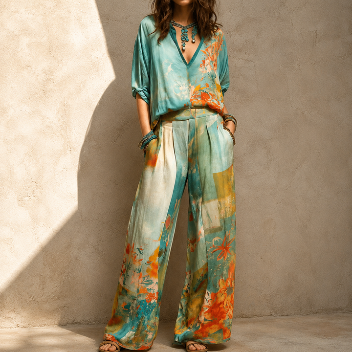Chiara | Completo elegante con stampa floreale e pantaloni larghi