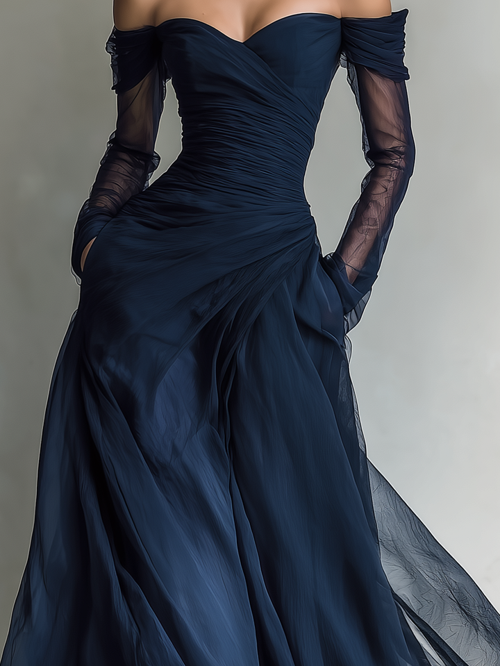 Robe Maxi Ajustée Élégante en Chiffon Organza Bleu Foncé à Manches Longues et Épaules Nues pour Femmes