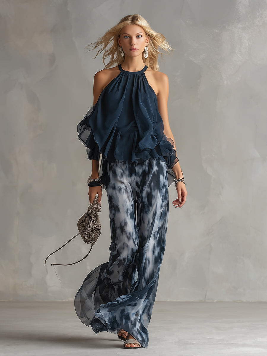 Lilla – ensemble élégant en chiffon avec un haut à col montant et un pantalon à jambes larges à motifs