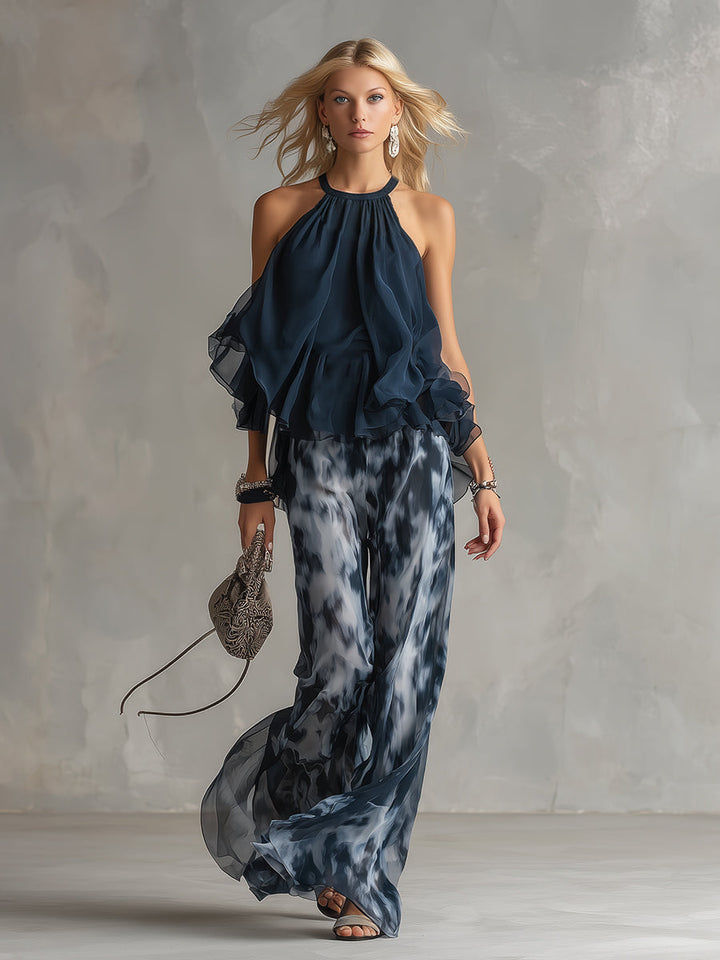 Lilla – ensemble élégant en chiffon avec un haut à col montant et un pantalon à jambes larges à motifs