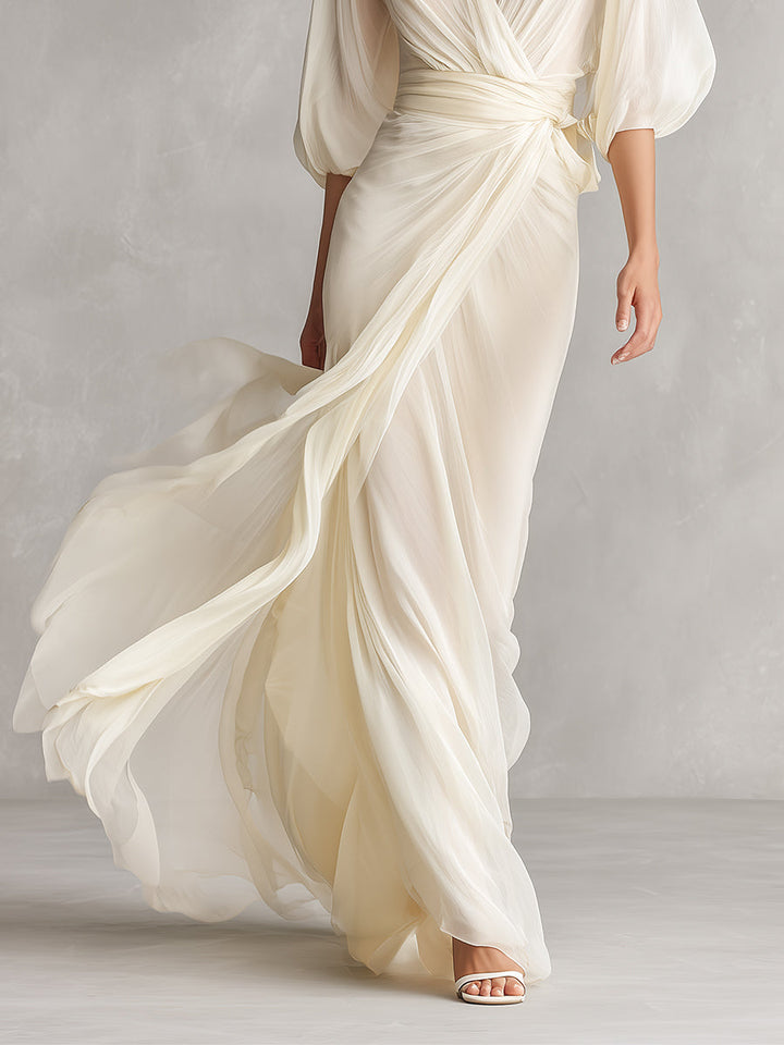 Robe en Chiffon Transparent Ivoire pour Femmes avec Manches Volumineuses et Détail Enveloppant, Robe de Style Romantique-Luxe Intemporelle