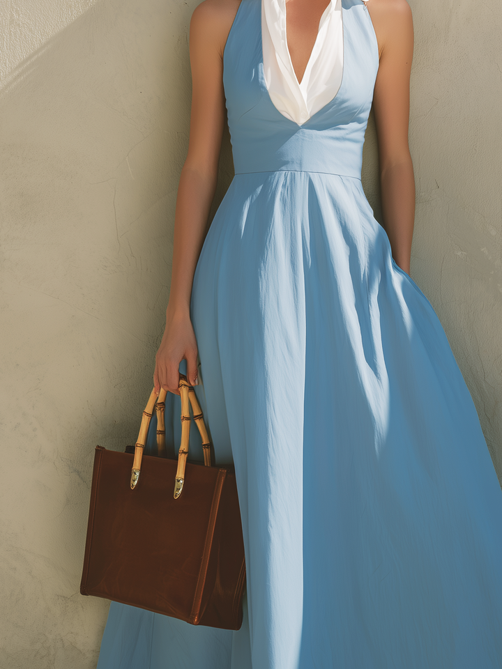 Robe longue sans manches en bleu clair tissé avec col chemise élégant pour femmes