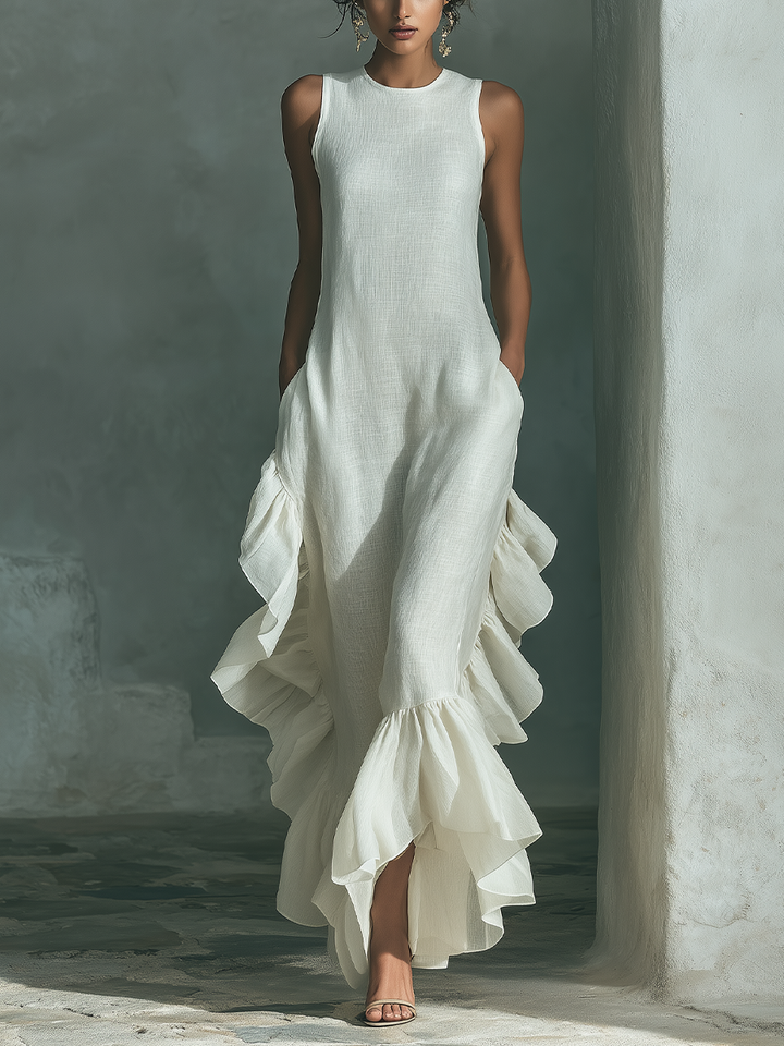 Robe Maxi Sans Manches en Lin Ivoire pour Femme avec Col Rond et Ourlet Volant