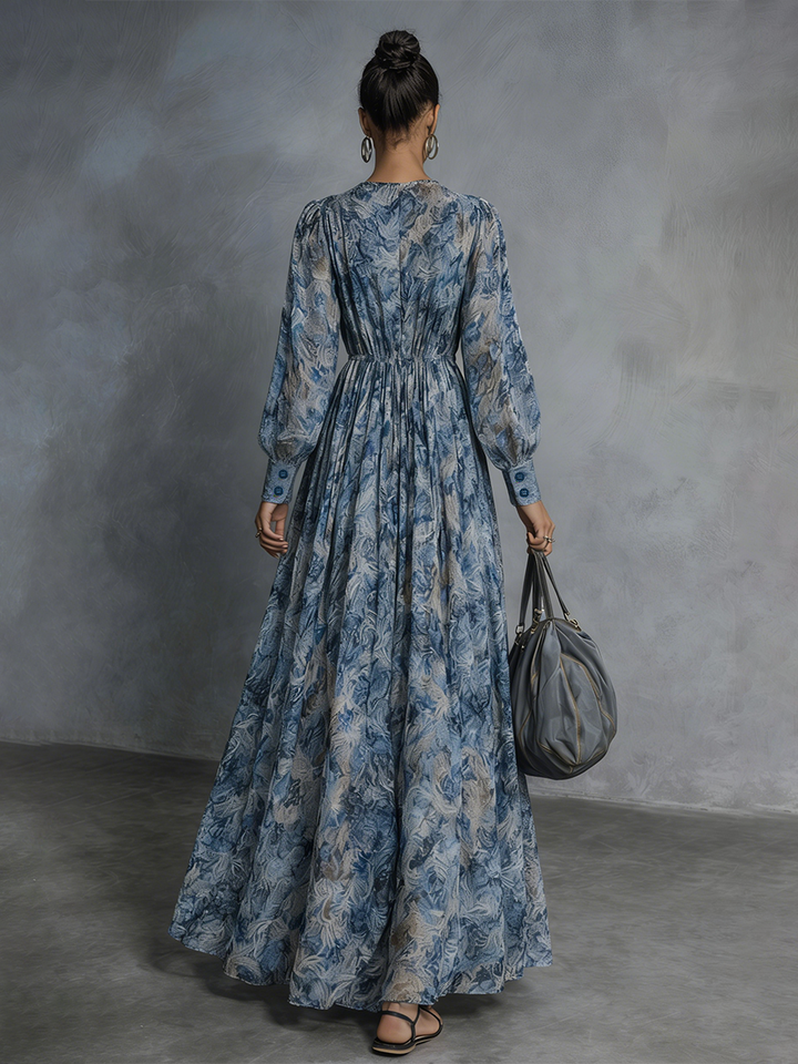 Robe maxi en chiffon à imprimé floral bleu style bohème pour femme avec décolleté en V et manches lanternes