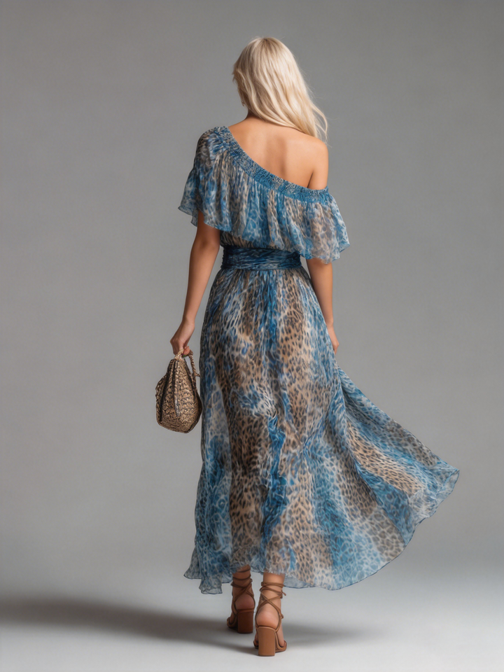 Selvaggia - Robe longue en chiffon avec imprimé léopard et épaules dénudées