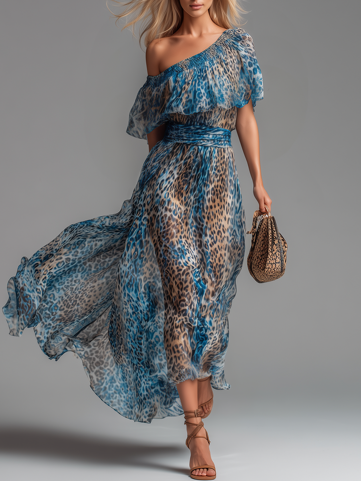 Selvaggia - Robe longue en chiffon avec imprimé léopard et épaules dénudées