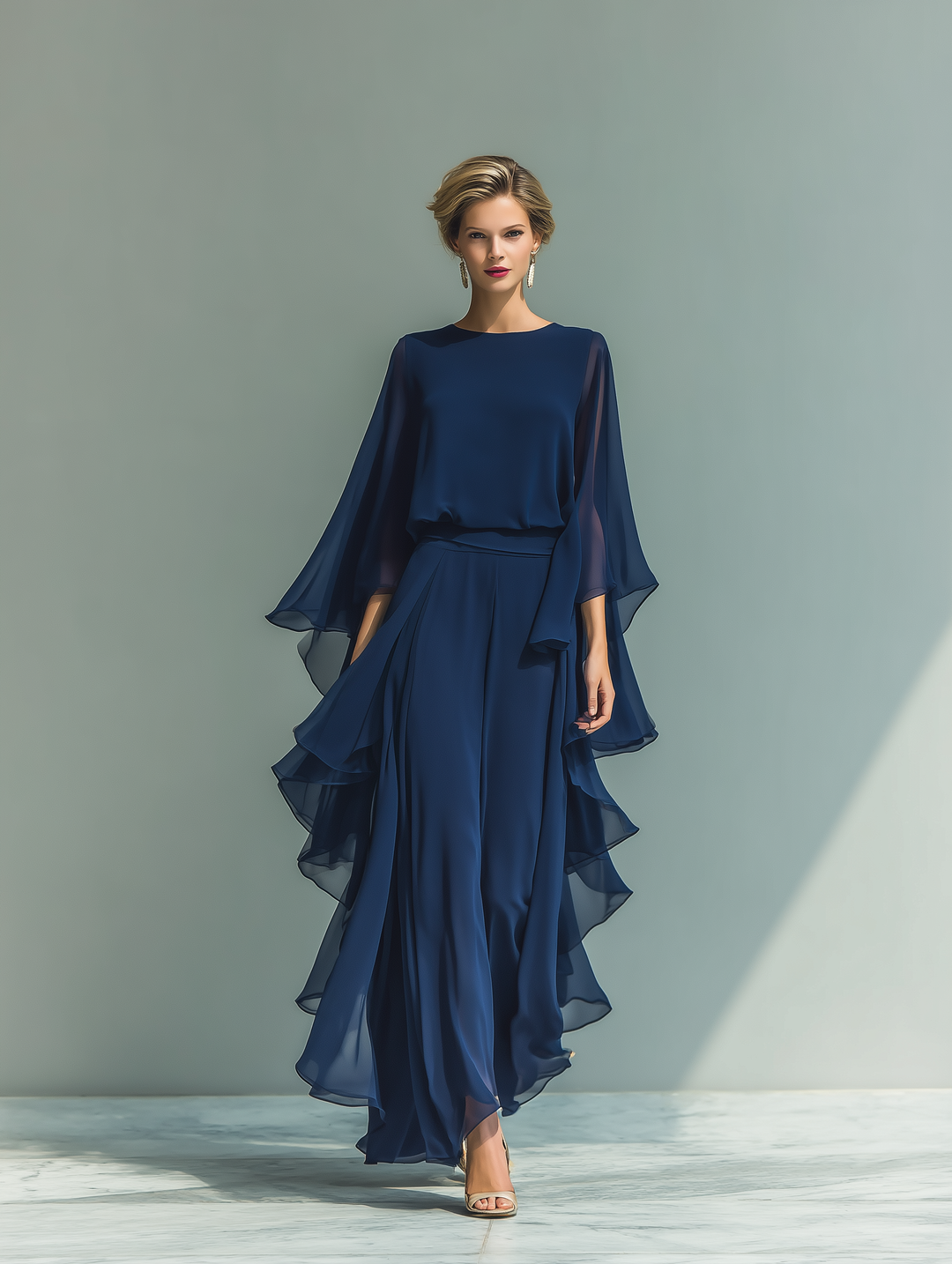 Ensemble Femme Top Chiffon Bleu Marine À Manches Évasées Et Pantalon Droit Avec Détails Volants