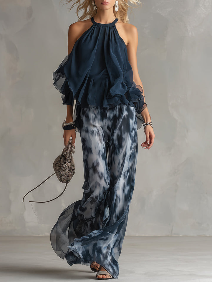 Lilla – ensemble élégant en chiffon avec un haut à col montant et un pantalon à jambes larges à motifs