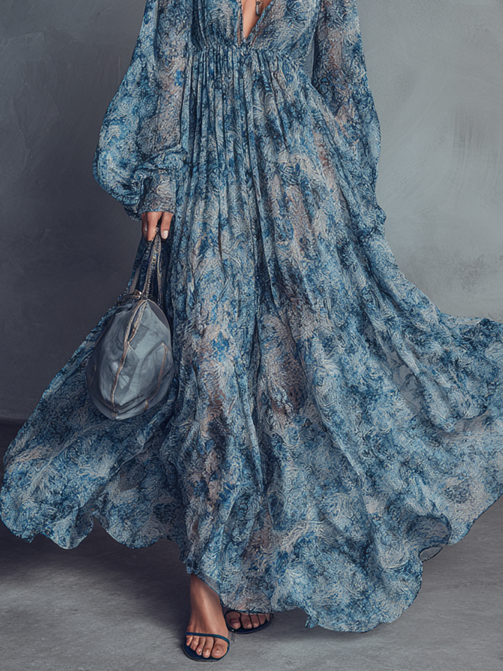 Robe maxi en chiffon à imprimé floral bleu style bohème pour femme avec décolleté en V et manches lanternes