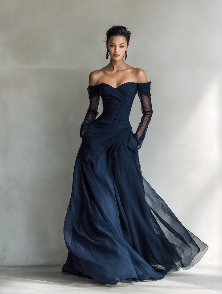 Robe Maxi Ajustée Élégante en Chiffon Organza Bleu Foncé à Manches Longues et Épaules Nues pour Femmes