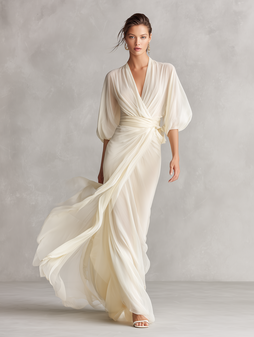 Robe en Chiffon Transparent Ivoire pour Femmes avec Manches Volumineuses et Détail Enveloppant, Robe de Style Romantique-Luxe Intemporelle