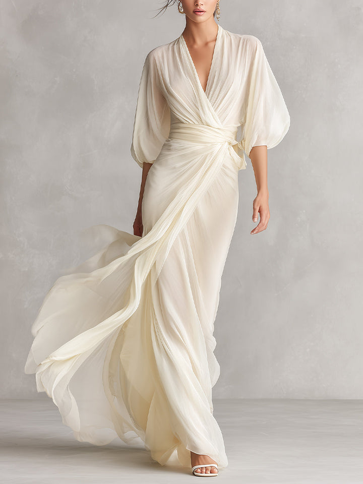 Robe en Chiffon Transparent Ivoire pour Femmes avec Manches Bouffantes et Détail Enveloppant, Robe de Style Romantique-Luxe Intemporelle